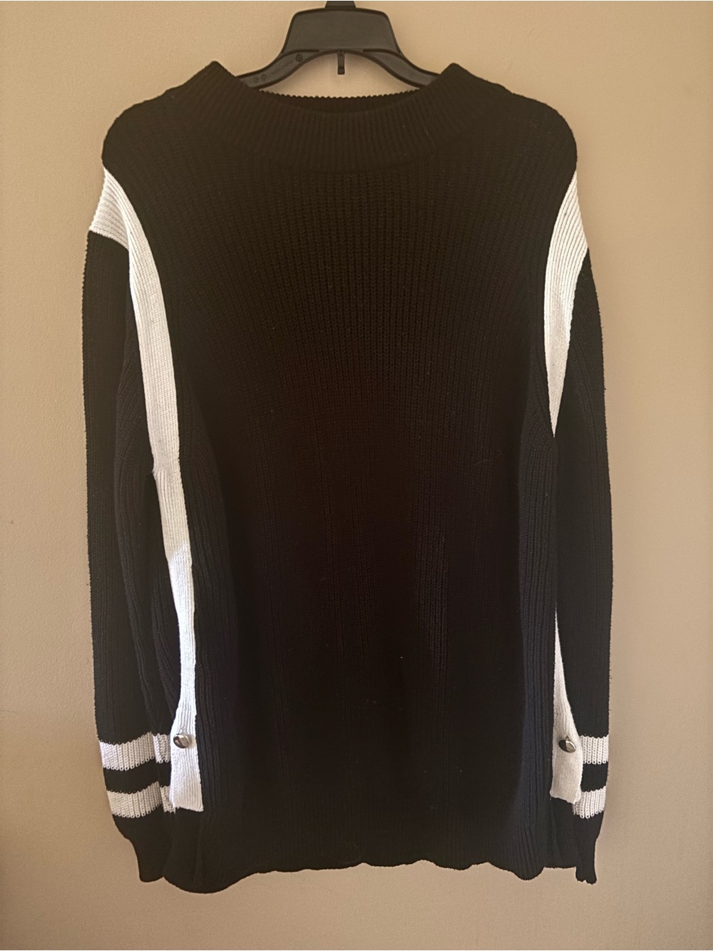 Ellos Women’s Black Sweater with White Stripe Accents and Silver Buttons